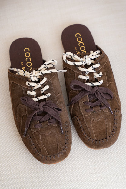 Slip On Mule with Moccasin Toe Stitching and Lace Up Detail