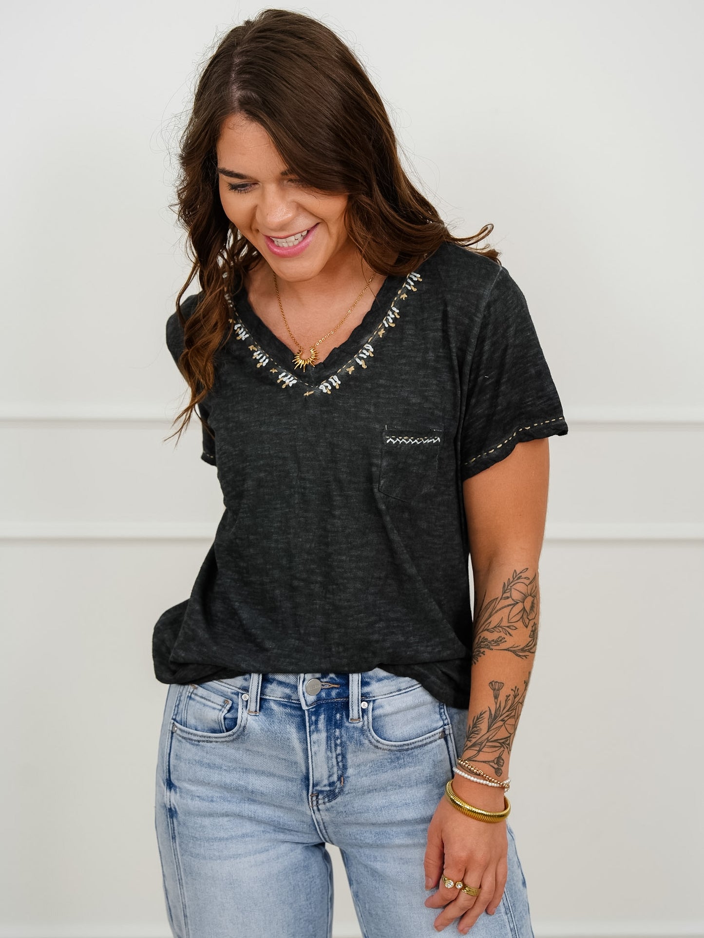 POL Cotton Blend Short Sleeve V Neck Top