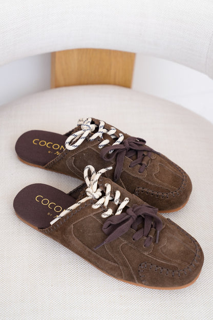 Slip On Mule with Moccasin Toe Stitching and Lace Up Detail