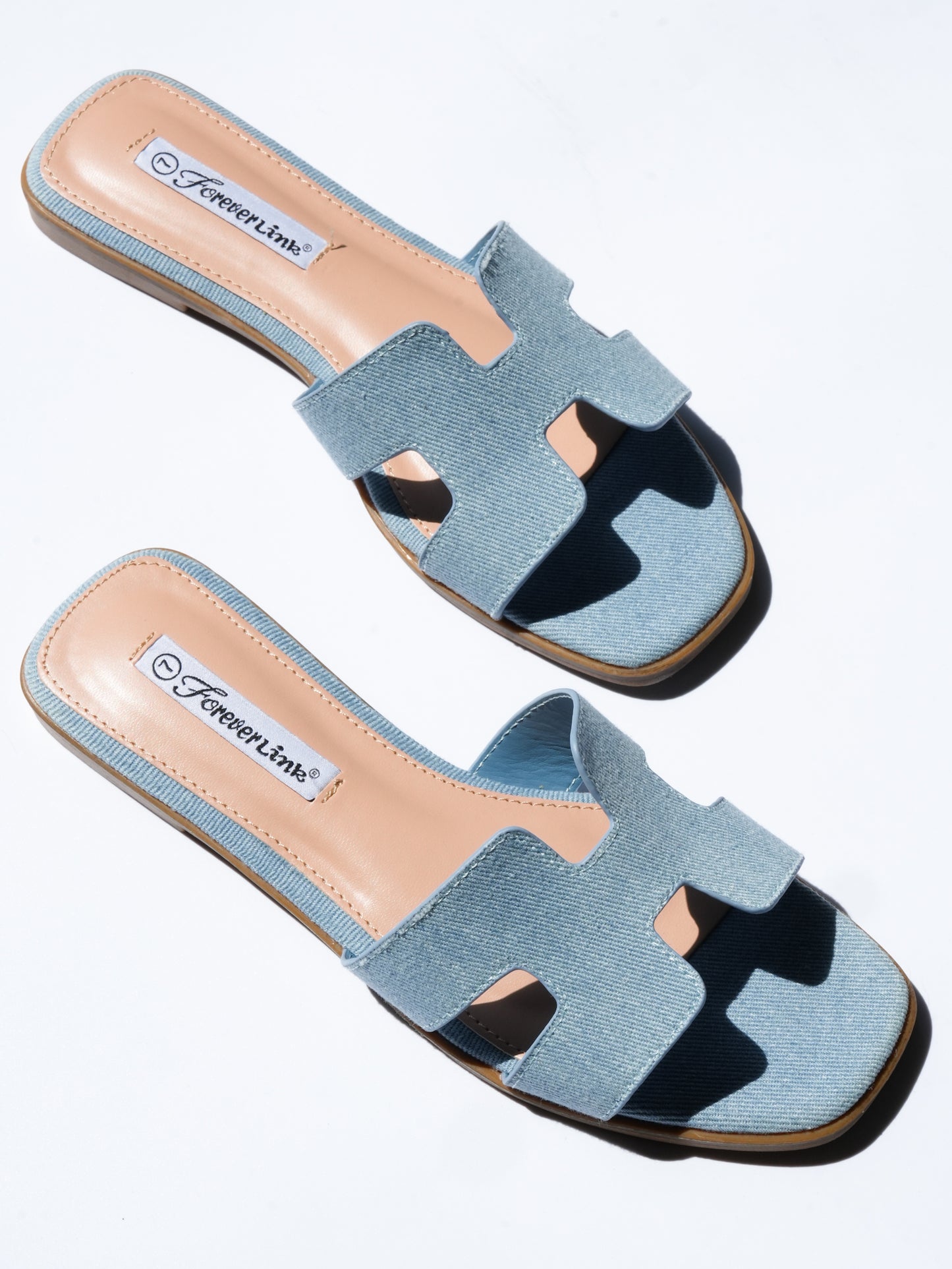 Denim H Strap Flat Slide Sandals