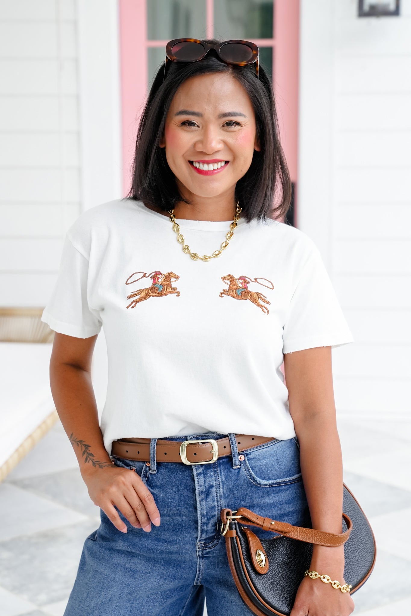 Short Sleeve Cow Girl Puff Stitch Crop Top