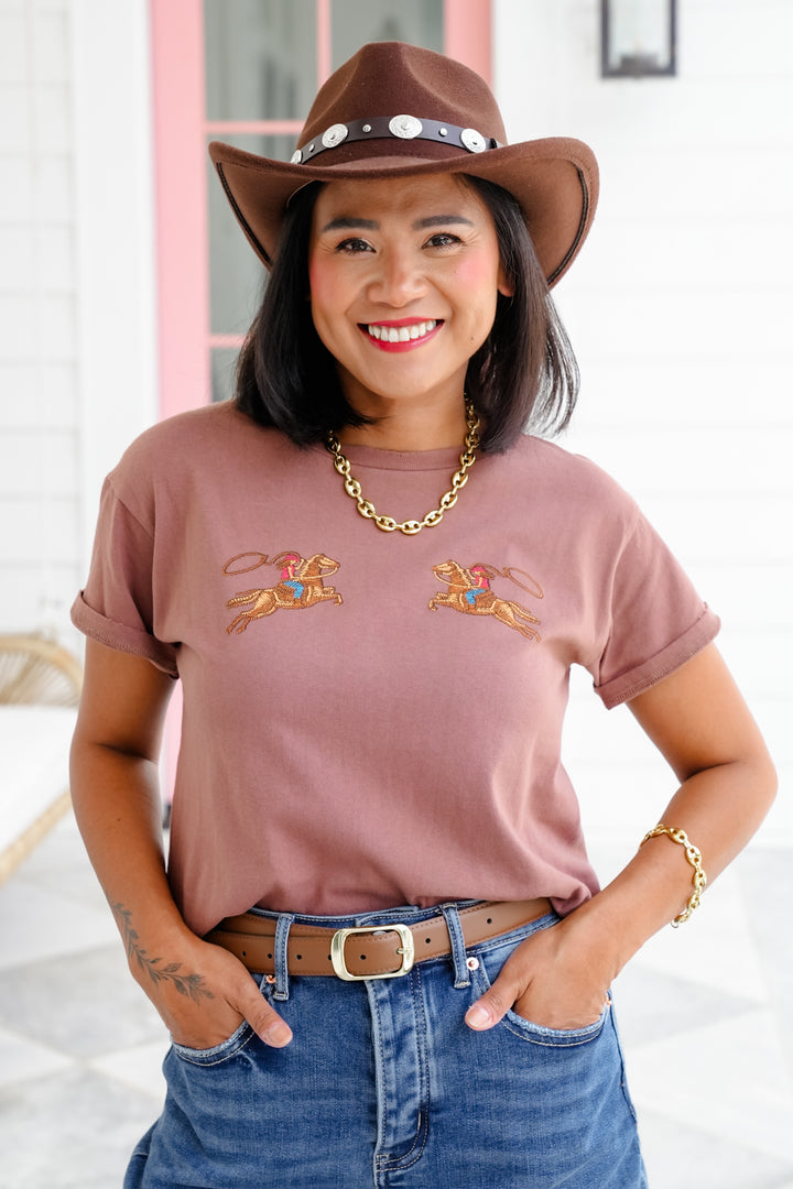 Short Sleeve Cow Girl Puff Stitch Crop Top