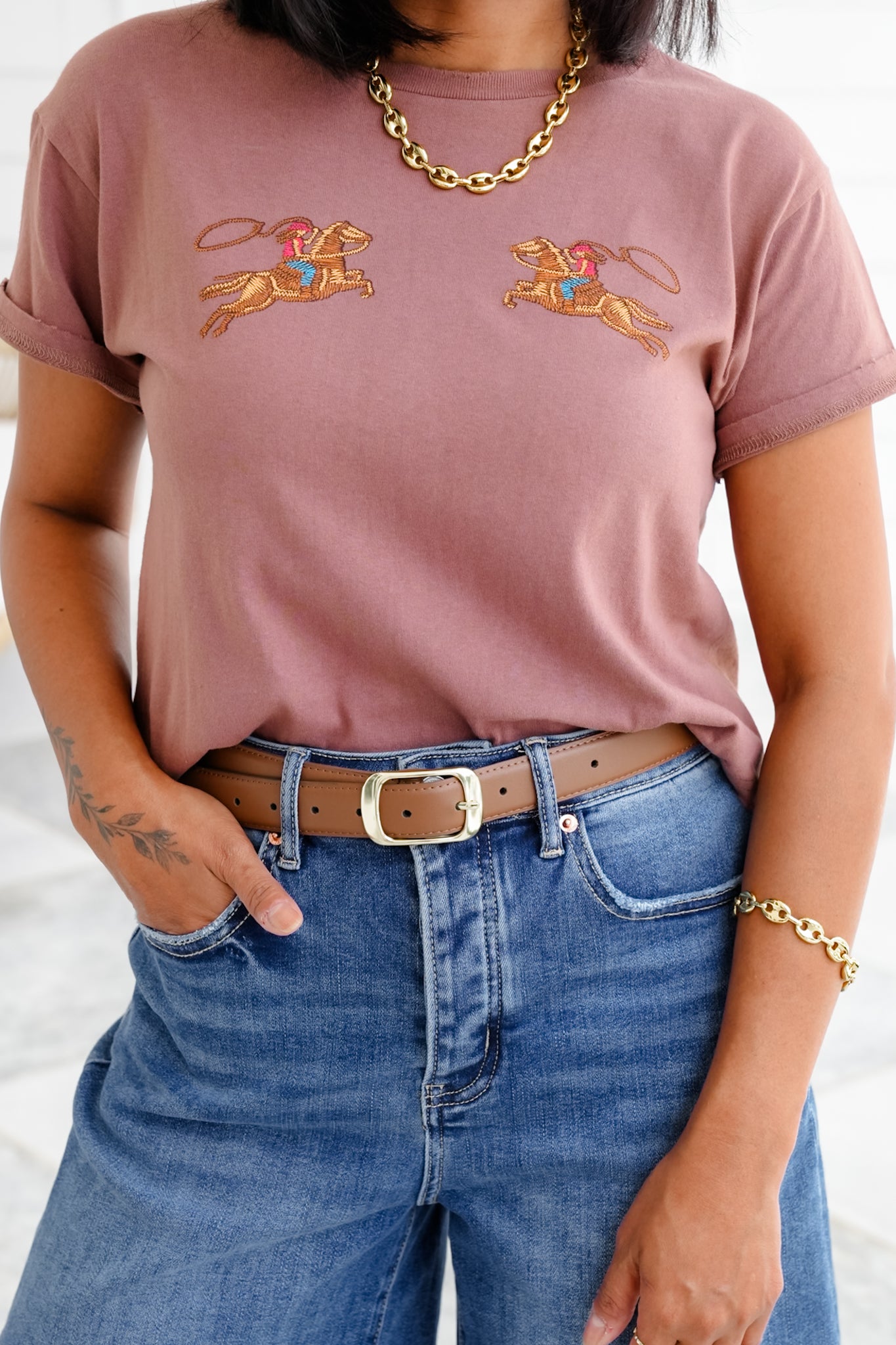 Short Sleeve Cow Girl Puff Stitch Crop Top