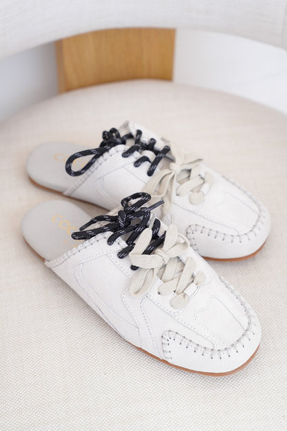 Slip On Mule with Moccasin Toe Stitching and Lace Up Detail