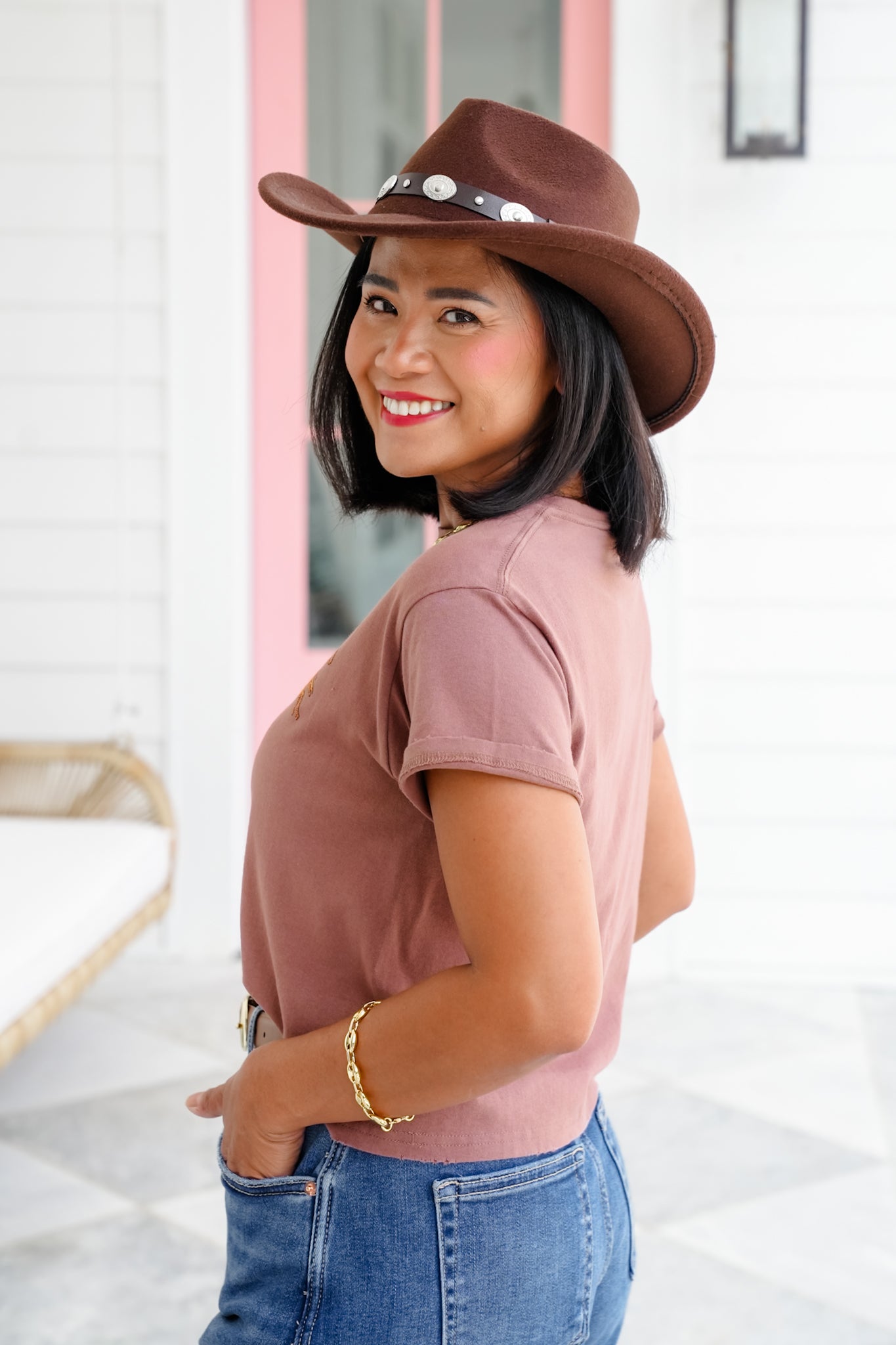 Short Sleeve Cow Girl Puff Stitch Crop Top