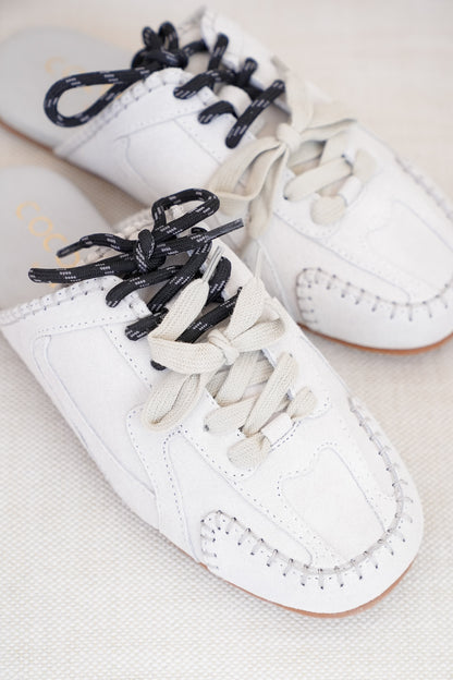 Slip On Mule with Moccasin Toe Stitching and Lace Up Detail
