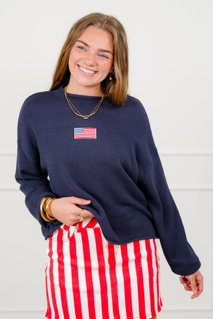 Navy Long Sleeve Rolled Neck American Flag Pullover Sweater