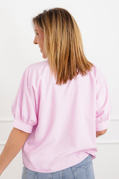 Pin Stripe Short Sleeve Button Down Top