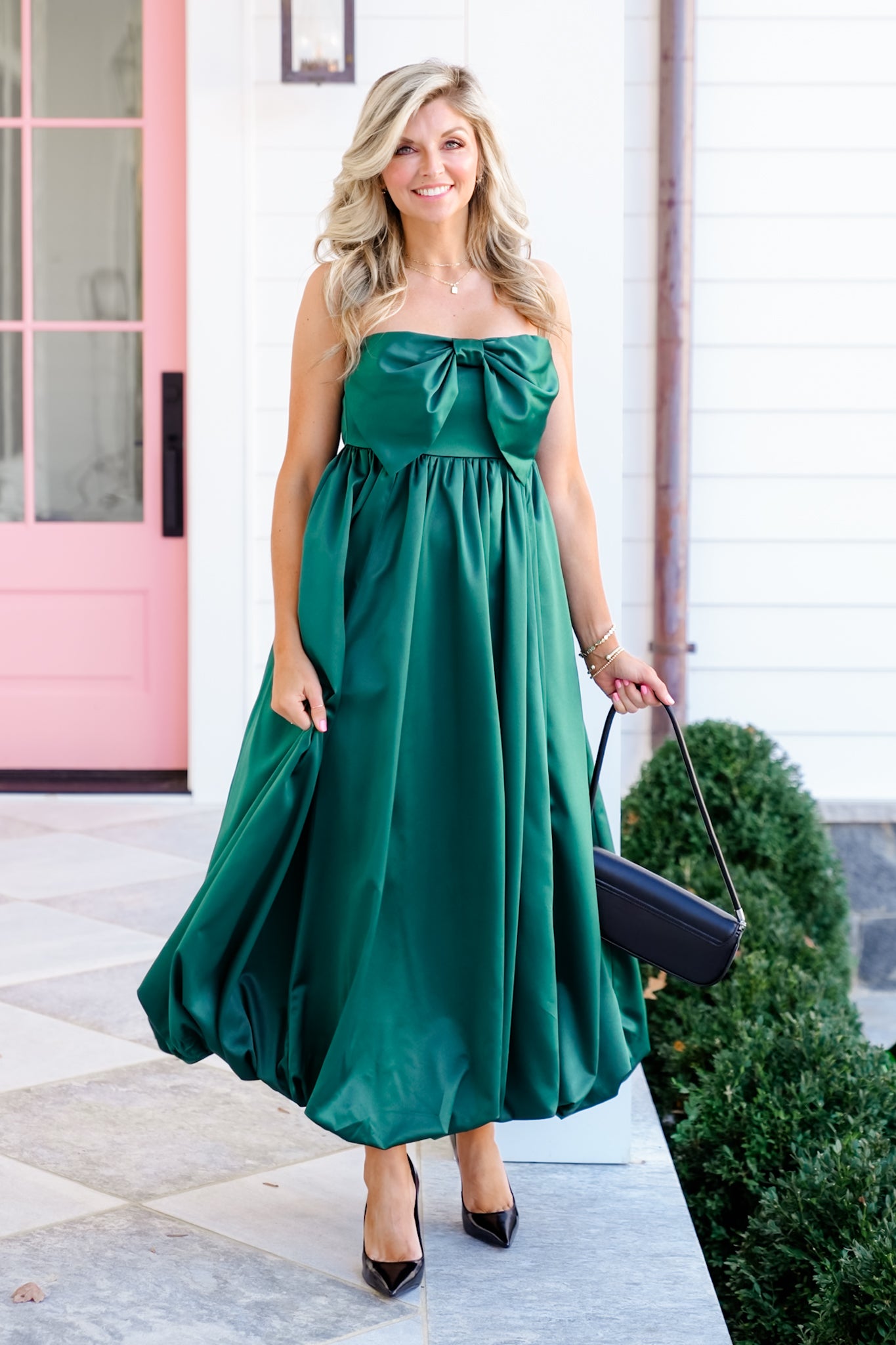 Solid Strapless Bubble Hem Midi Dress with Bow