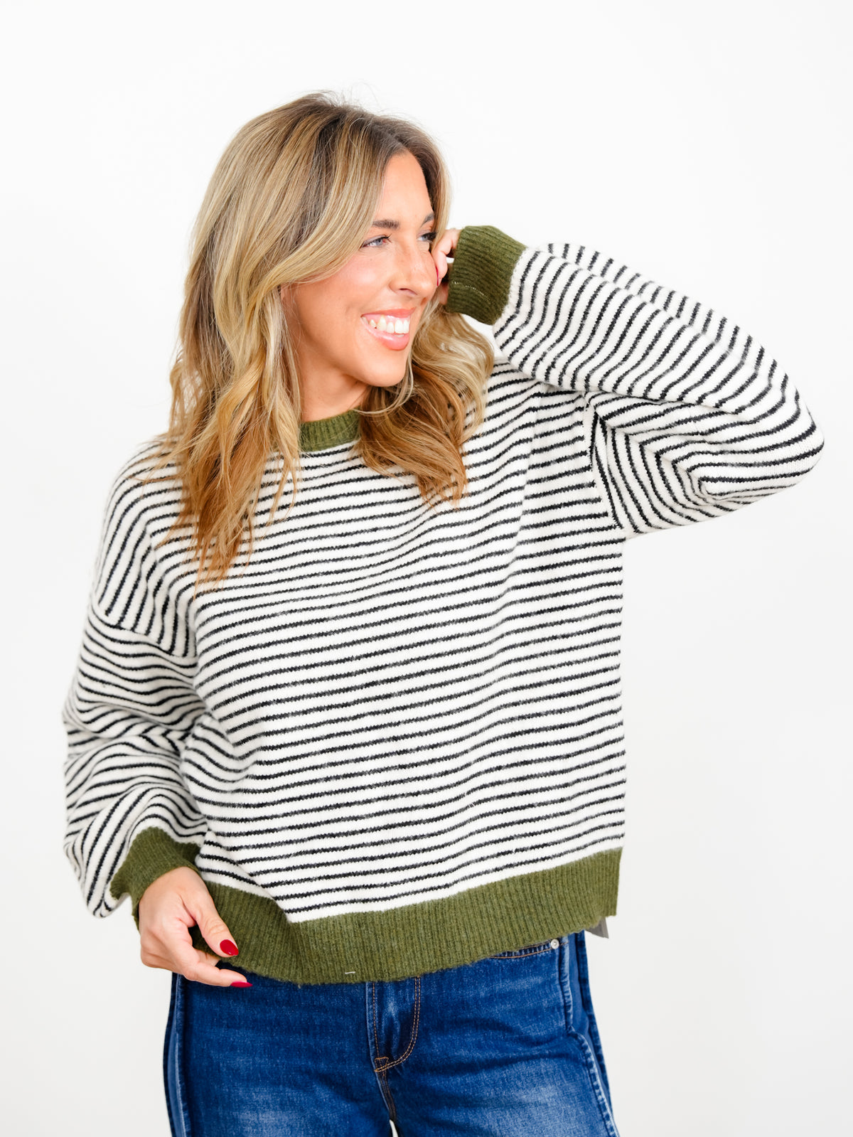 Stripe Long Sleeve Sweater with Contrast Trim - Freckled Poppy