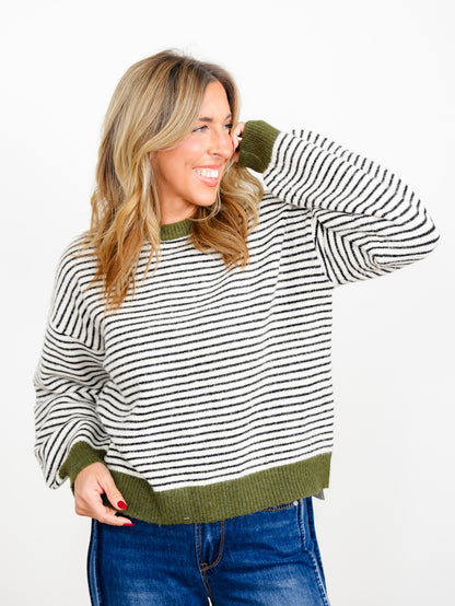 Stripe Long Sleeve Sweater with Contrast Trim - Freckled Poppy