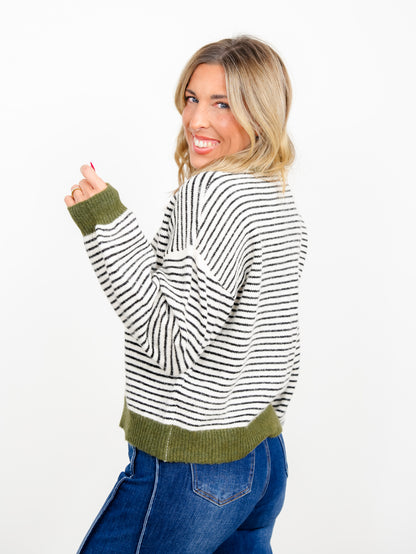 Stripe Long Sleeve Sweater with Contrast Trim - Freckled Poppy
