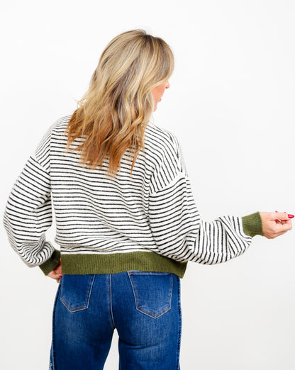 Stripe Long Sleeve Sweater with Contrast Trim - Freckled Poppy