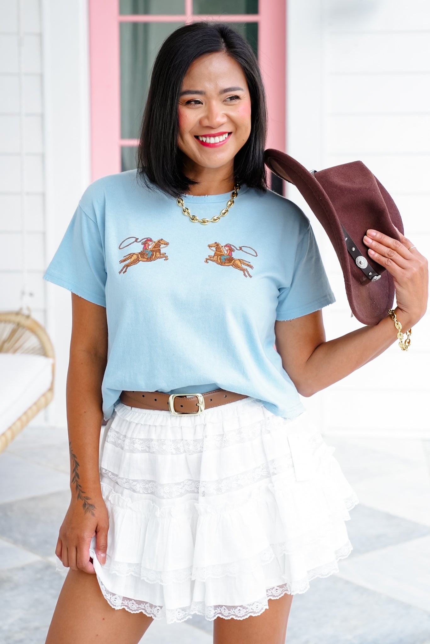 Short Sleeve Cow Girl Puff Stitch Crop Top