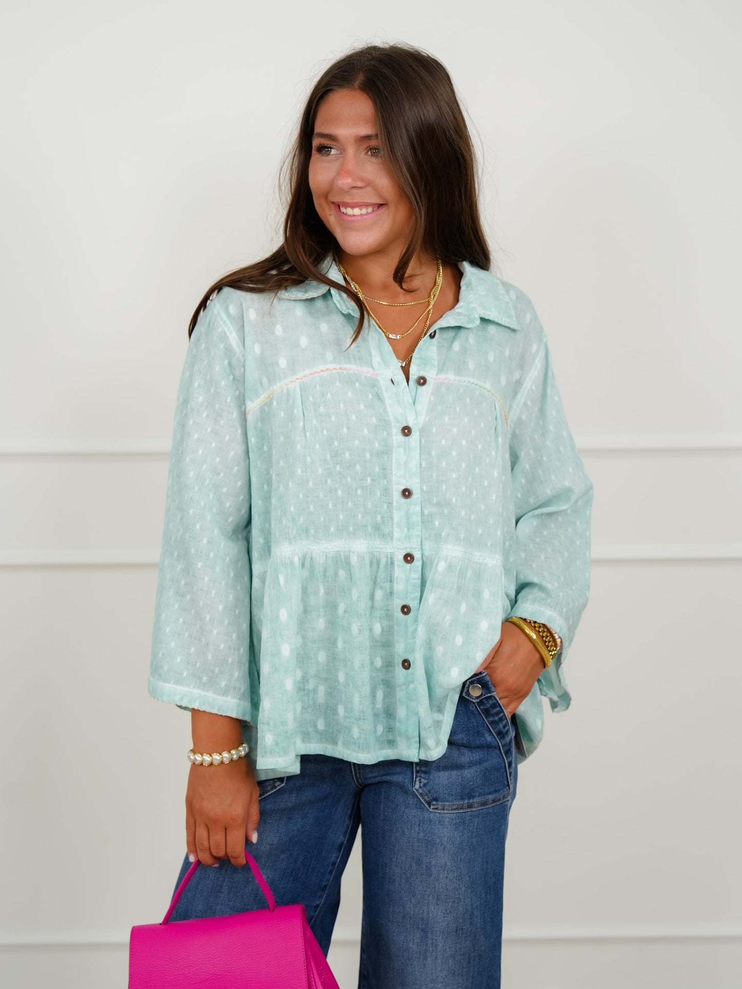 POL Textured Dot Print Long Sleeve Button Up Blouse