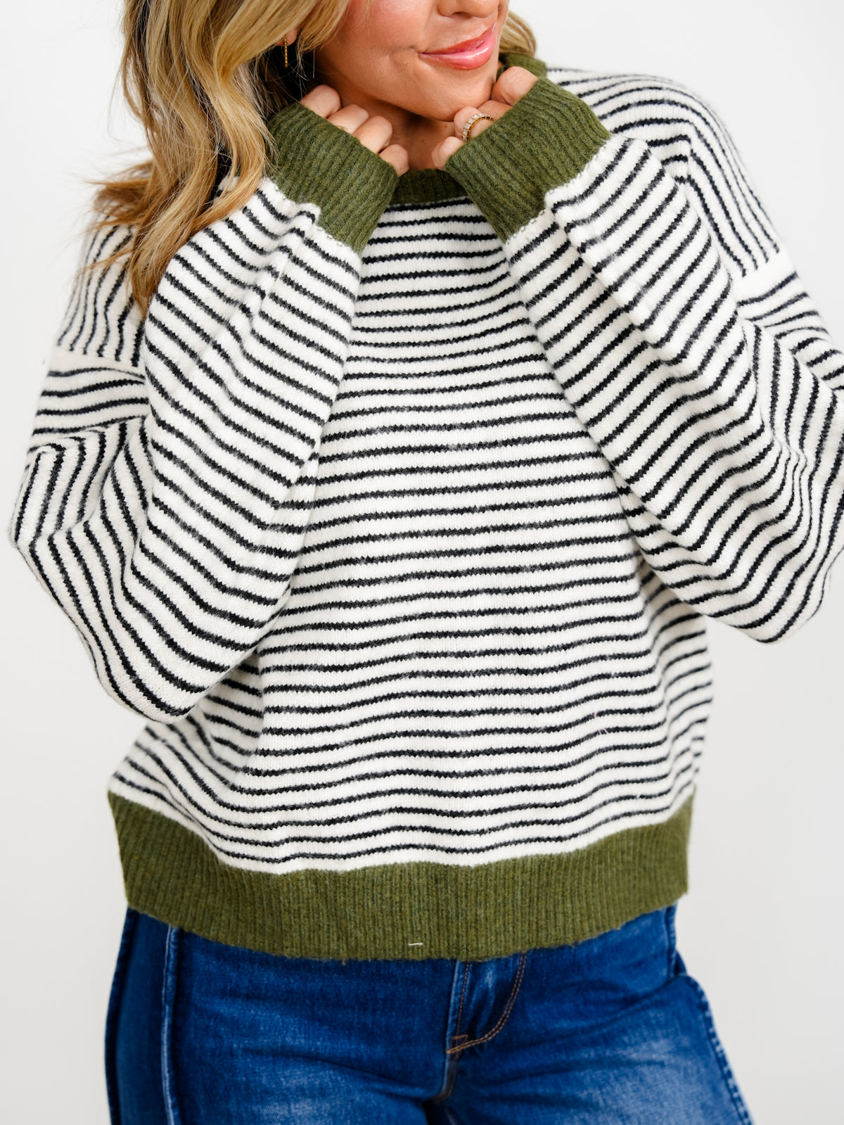 Stripe Long Sleeve Sweater with Contrast Trim - Freckled Poppy