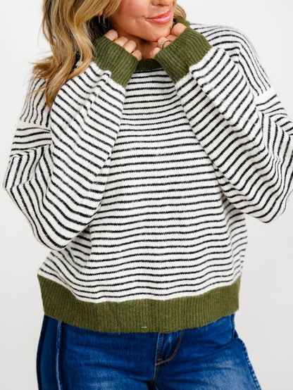 Stripe Long Sleeve Sweater with Contrast Trim - Freckled Poppy