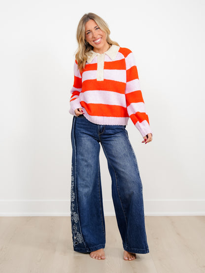 Stripe Long Sleeve Button Up Collared Sweater - Freckled Poppy