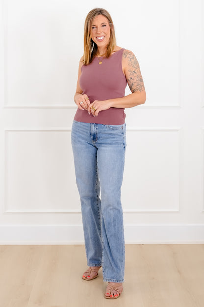 Ribbed Sleeveless Boat Neck Sweater Tank Top