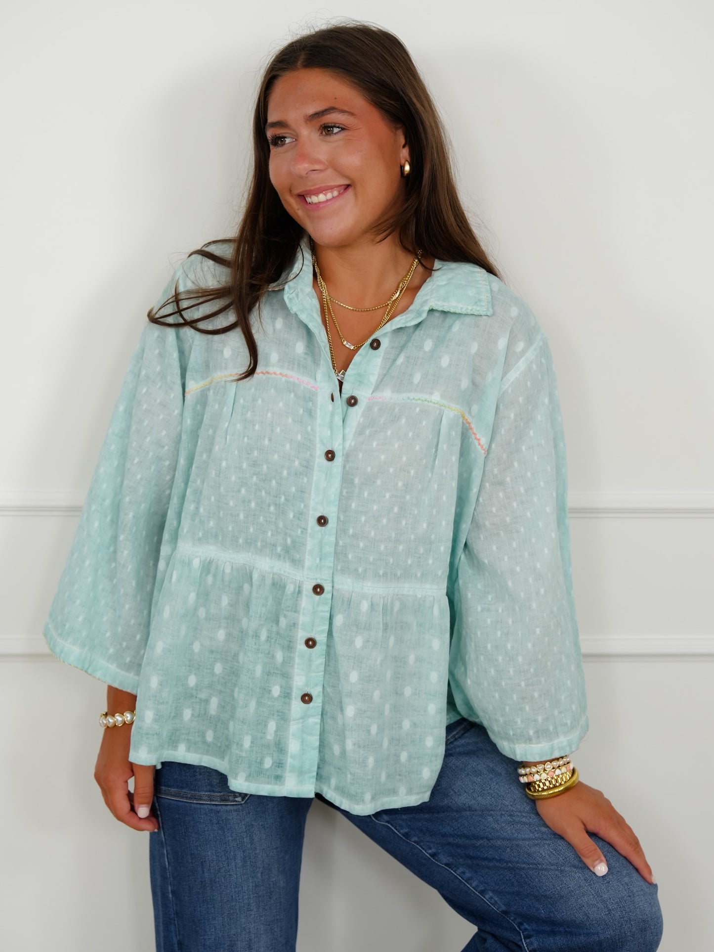 POL Textured Dot Print Long Sleeve Button Up Blouse
