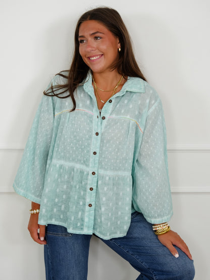 POL Textured Dot Print Long Sleeve Button Up Blouse