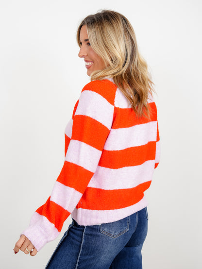 Stripe Long Sleeve Button Up Collared Sweater - Freckled Poppy