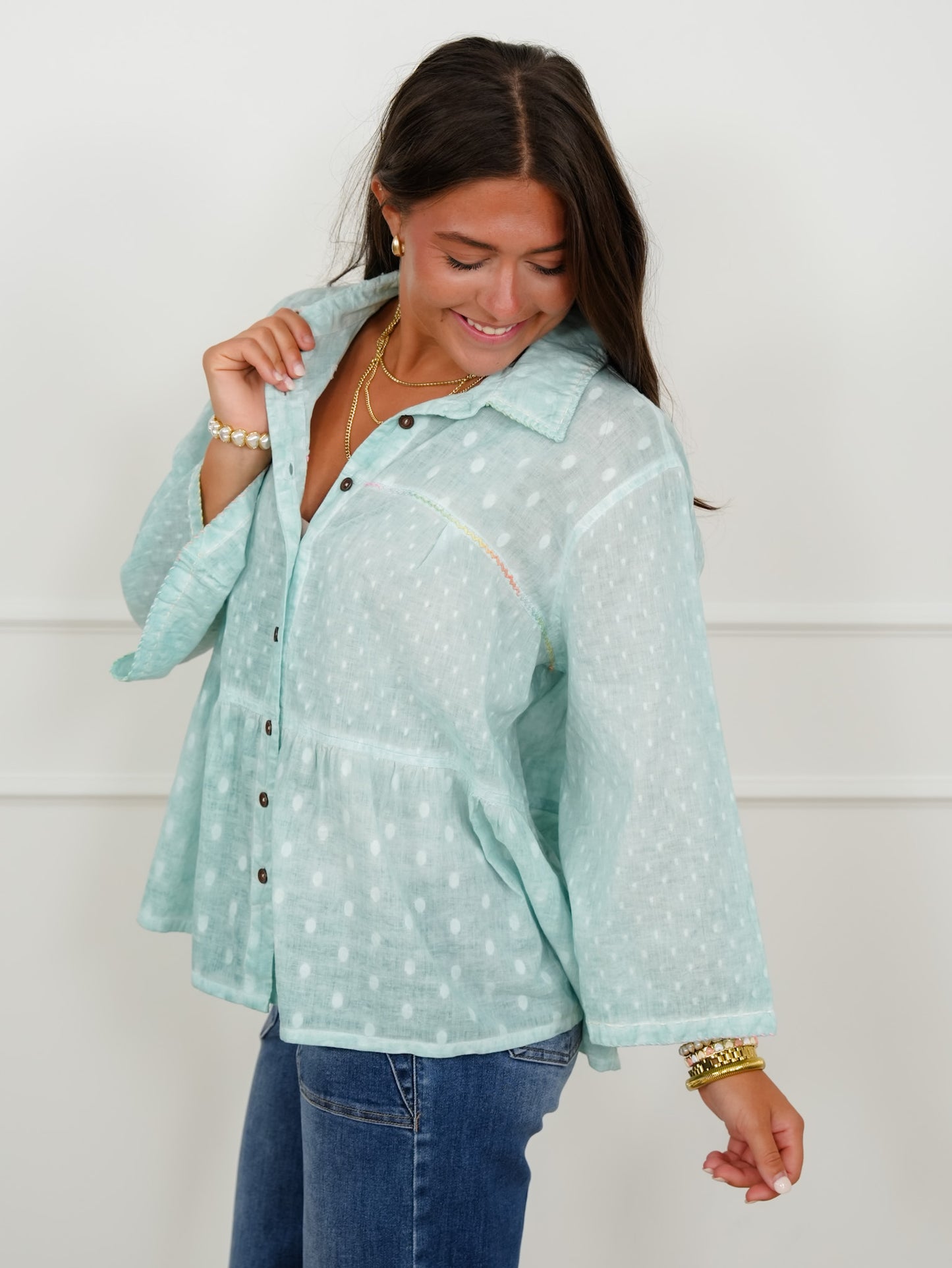 POL Textured Dot Print Long Sleeve Button Up Blouse