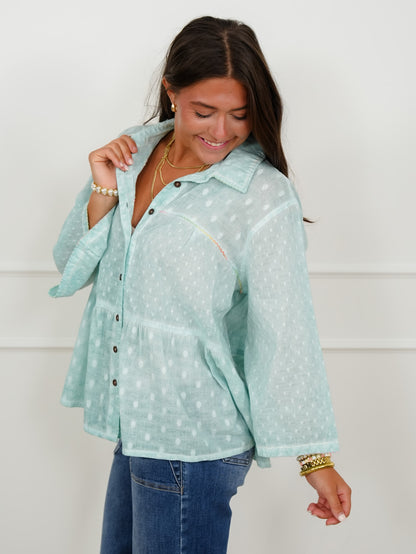POL Textured Dot Print Long Sleeve Button Up Blouse