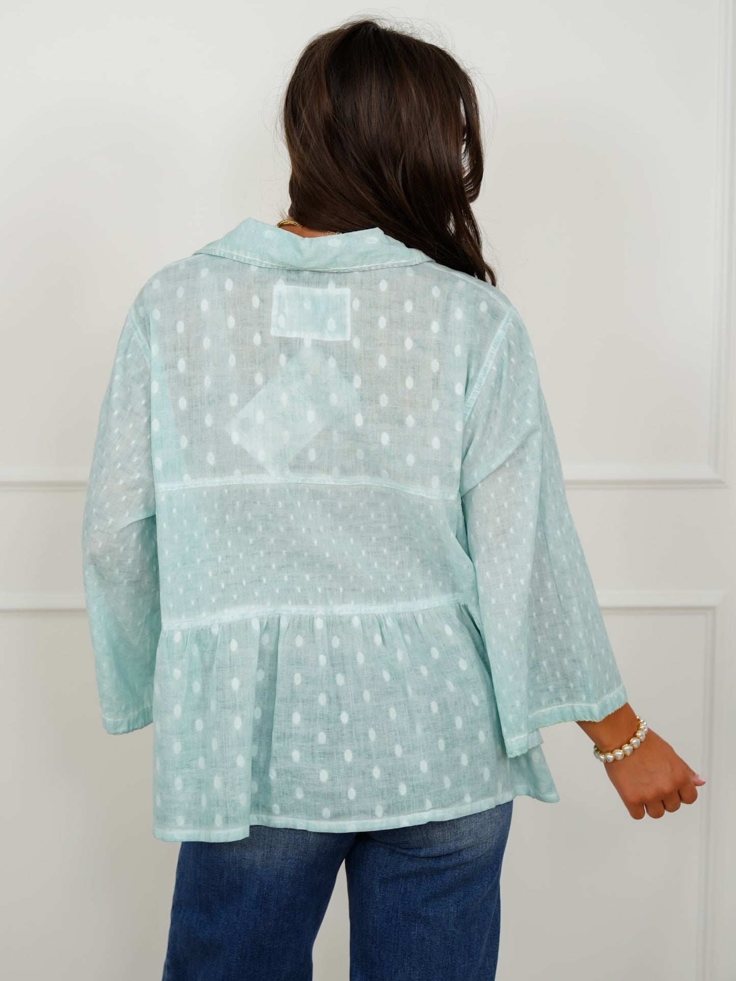 POL Textured Dot Print Long Sleeve Button Up Blouse