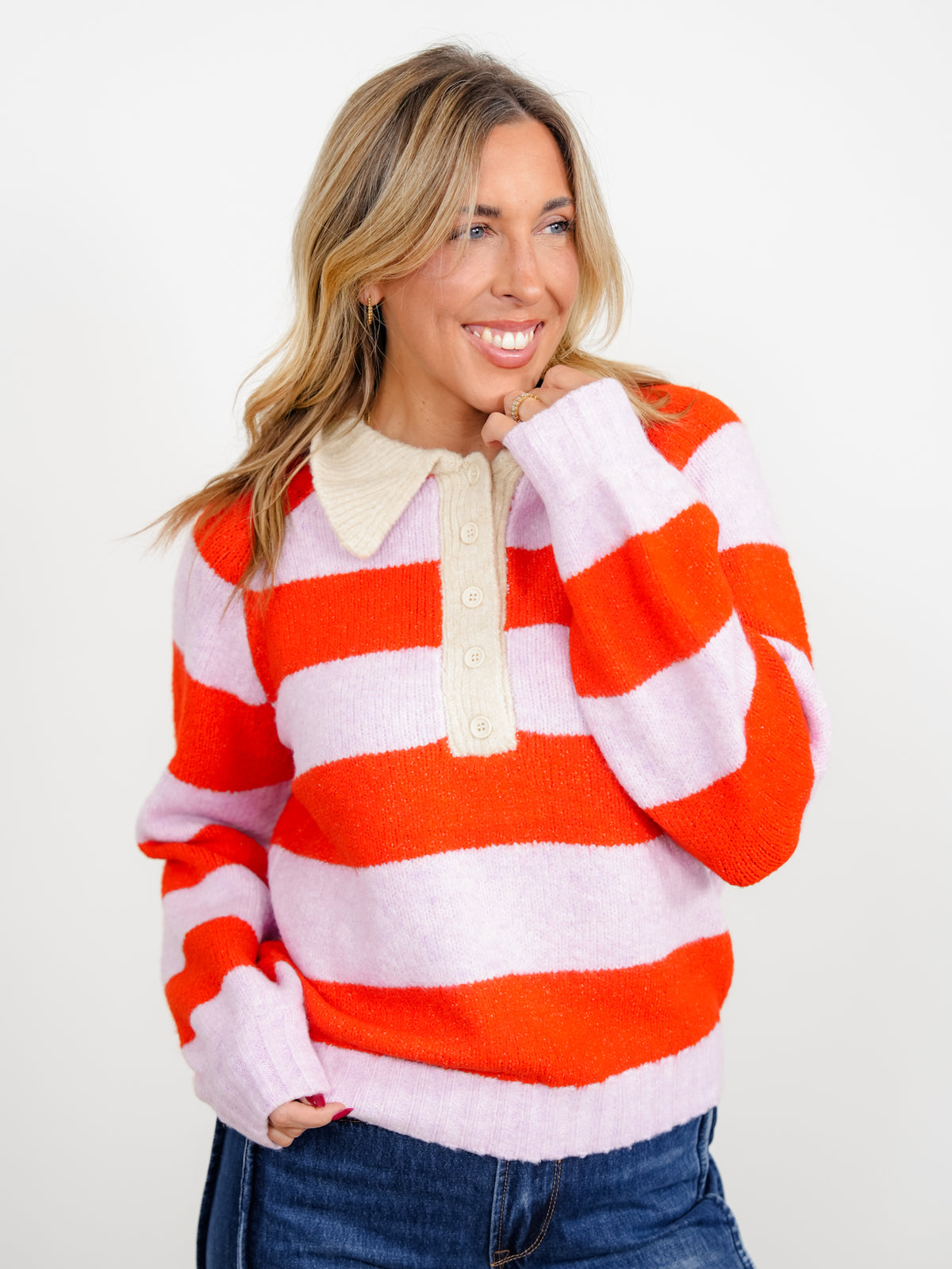 Stripe Long Sleeve Button Up Collared Sweater - Freckled Poppy