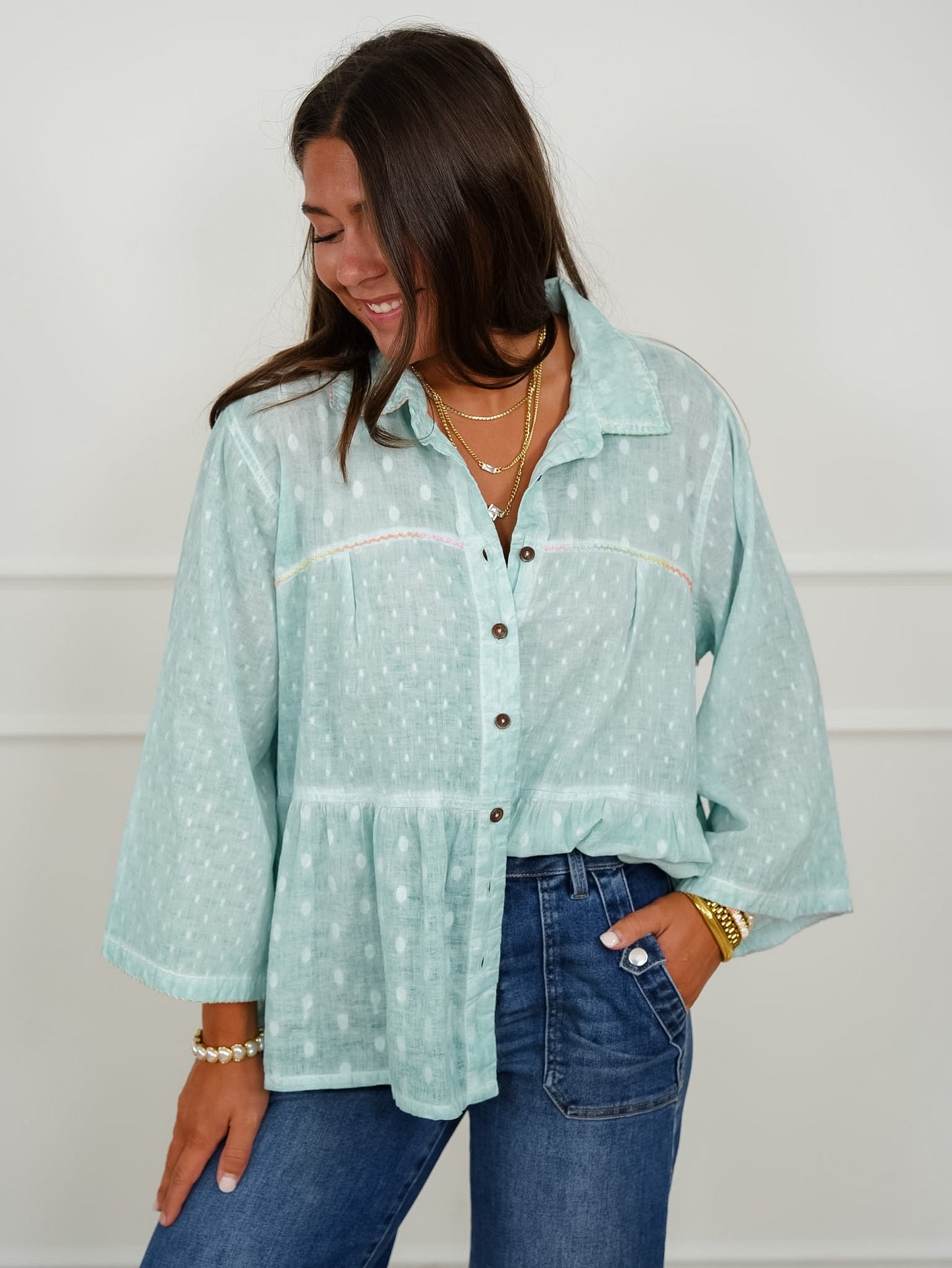 POL Textured Dot Print Long Sleeve Button Up Blouse