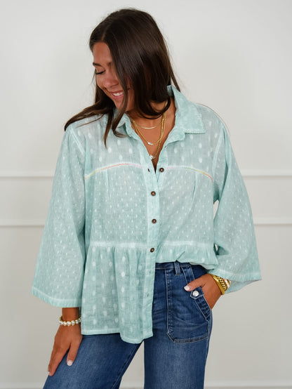POL Textured Dot Print Long Sleeve Button Up Blouse