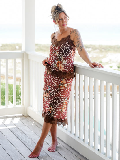 Animal Print Satin Midi Skirt With Lace Scallop Hem