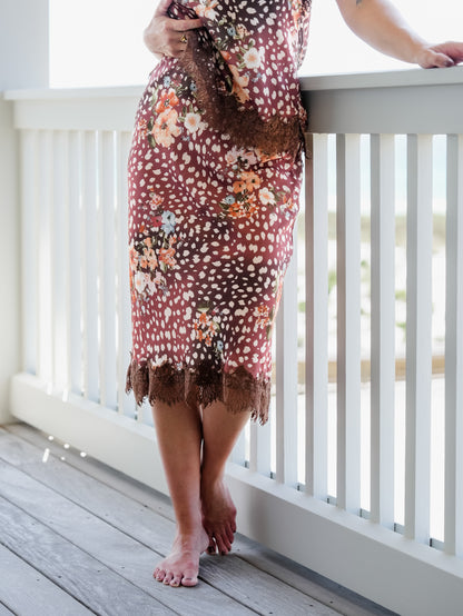 Animal Print Satin Midi Skirt With Lace Scallop Hem