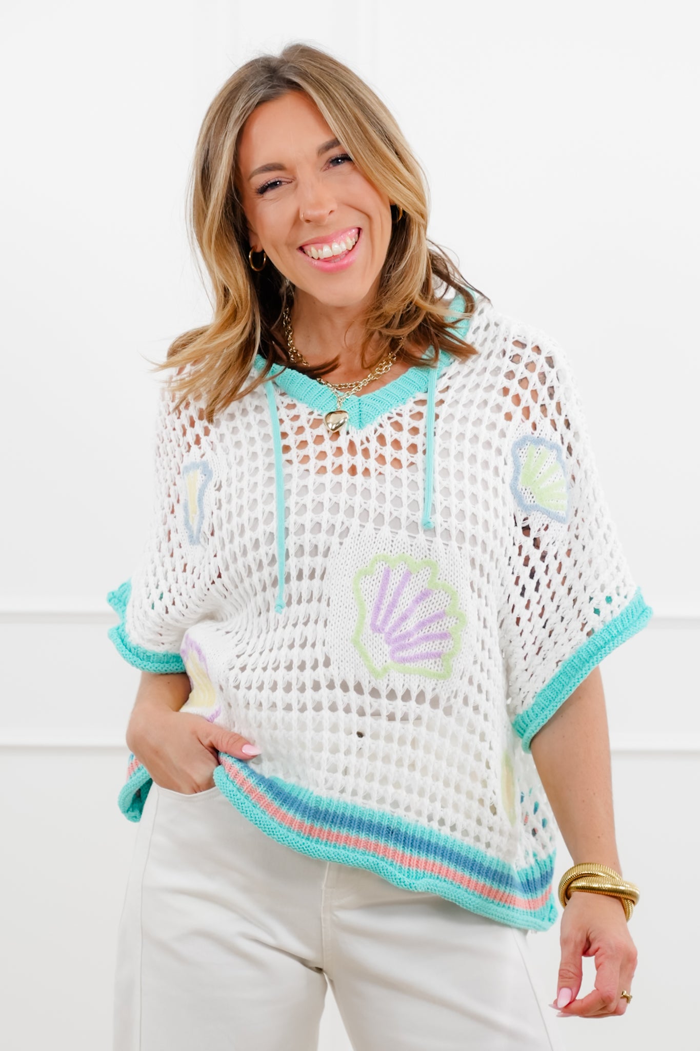 POL Shell Embroidered Short Sleeve Open Knit Hoodie Sweater