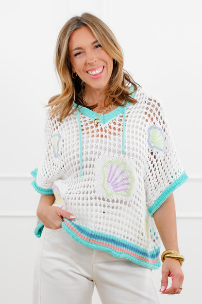 POL Shell Embroidered Short Sleeve Open Knit Hoodie Sweater