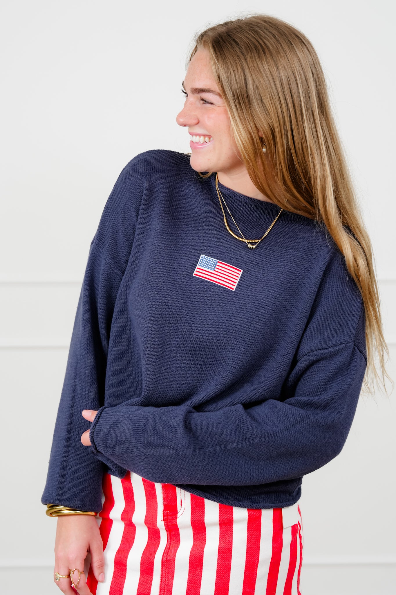 Navy Long Sleeve Rolled Neck American Flag Pullover Sweater