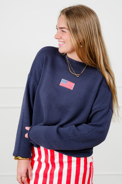 Navy Long Sleeve Rolled Neck American Flag Pullover Sweater