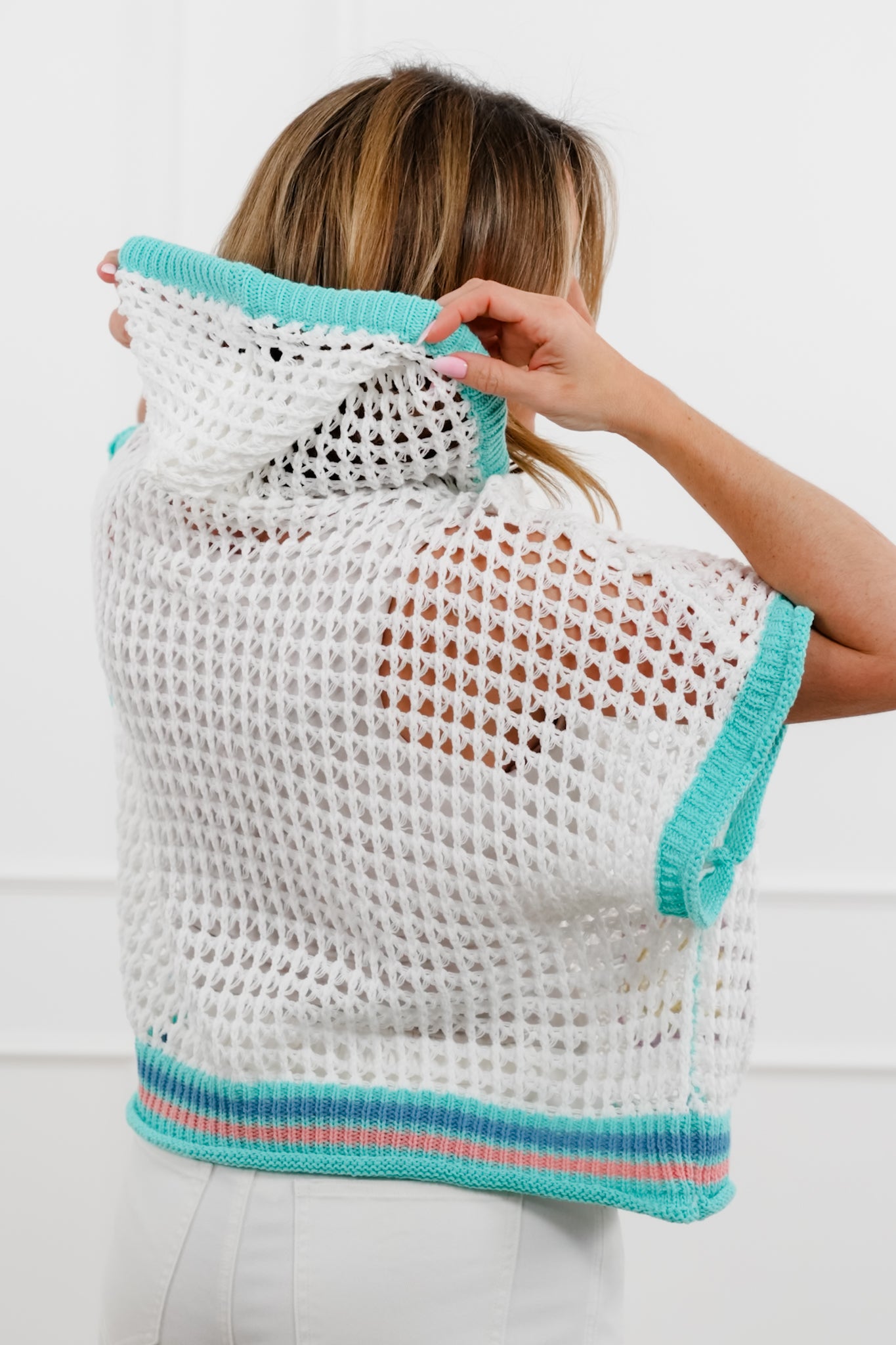 POL Shell Embroidered Short Sleeve Open Knit Hoodie Sweater