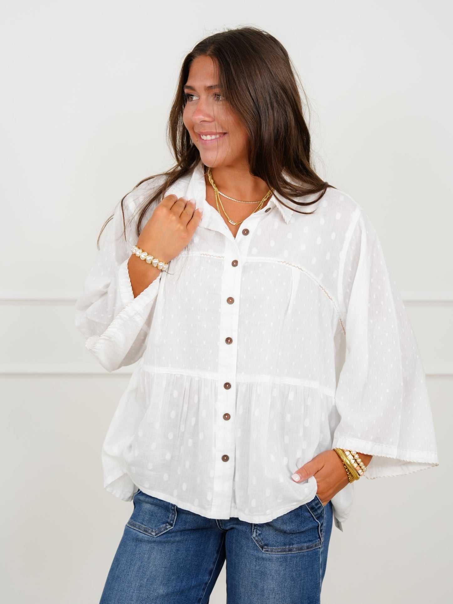 POL Textured Dot Print Long Sleeve Button Up Blouse