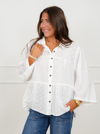 POL Textured Dot Print Long Sleeve Button Up Blouse