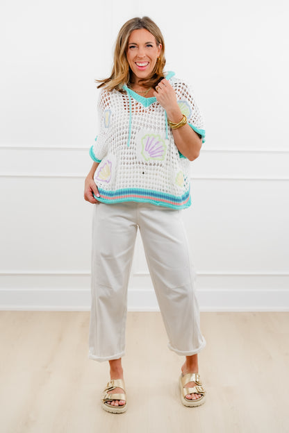 POL Shell Embroidered Short Sleeve Open Knit Hoodie Sweater