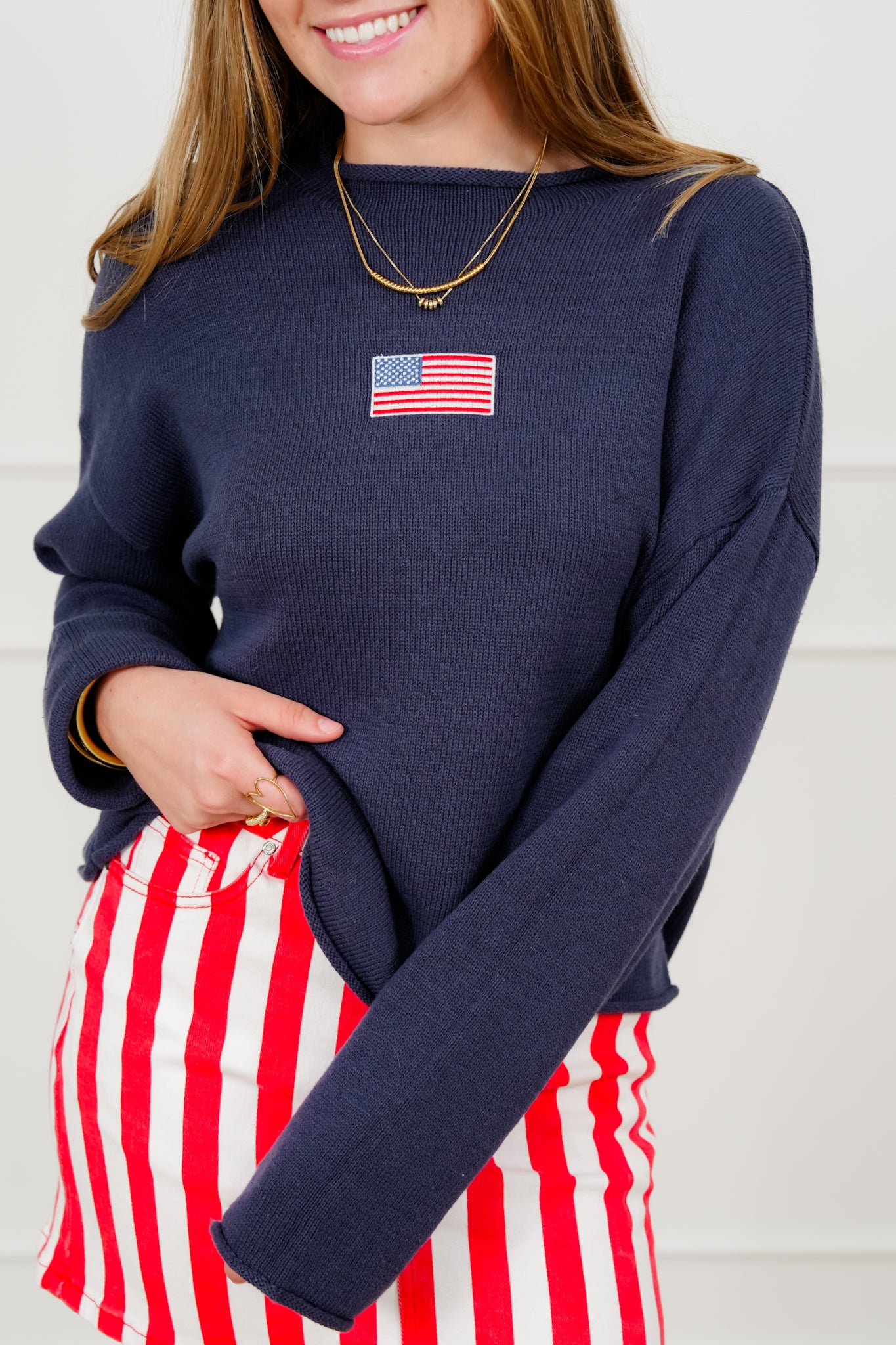 Navy Long Sleeve Rolled Neck American Flag Pullover Sweater