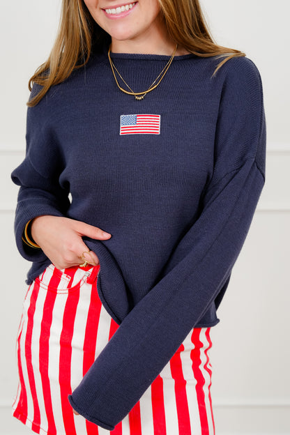 Navy Long Sleeve Rolled Neck American Flag Pullover Sweater