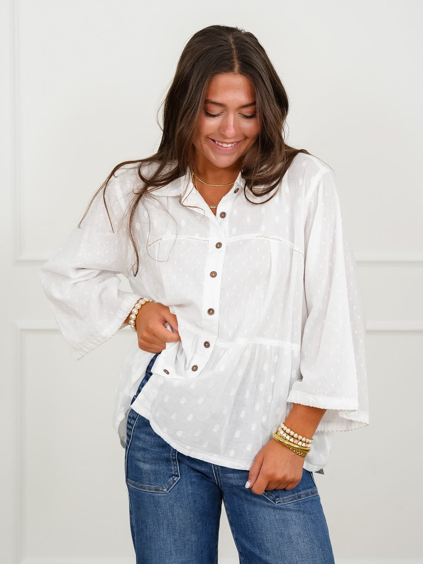 POL Textured Dot Print Long Sleeve Button Up Blouse