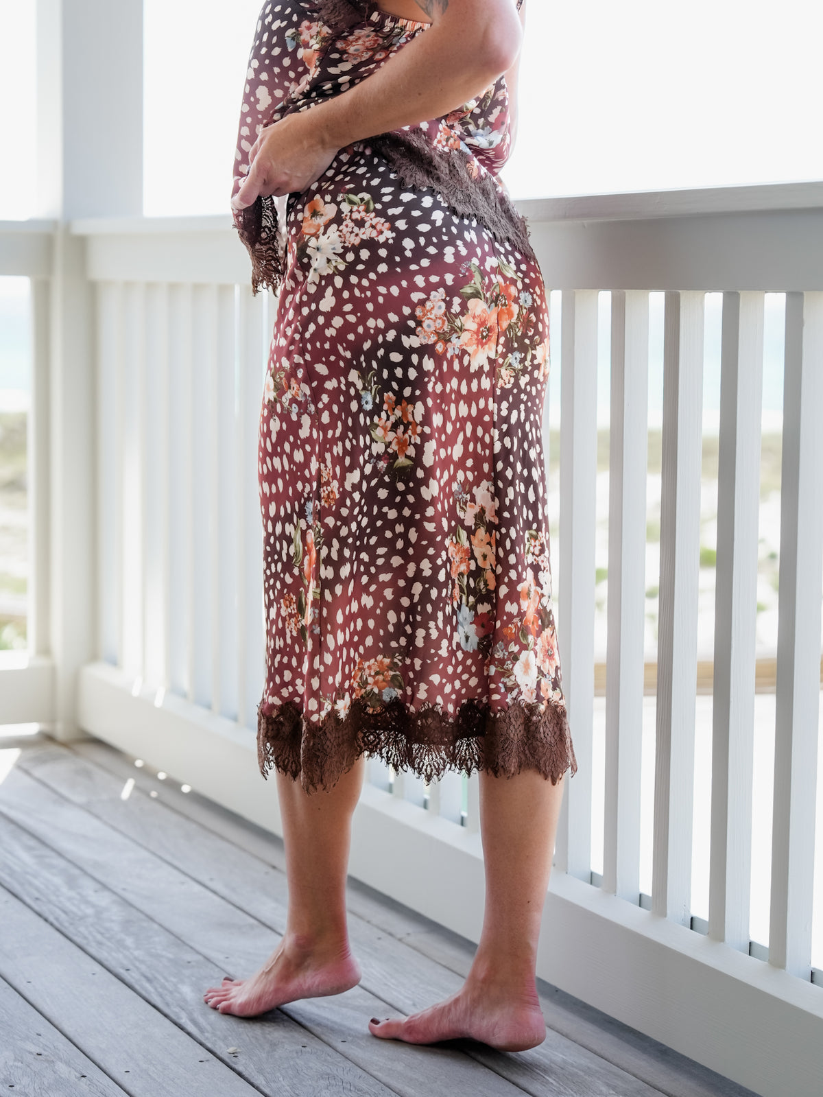 Animal Print Satin Midi Skirt With Lace Scallop Hem