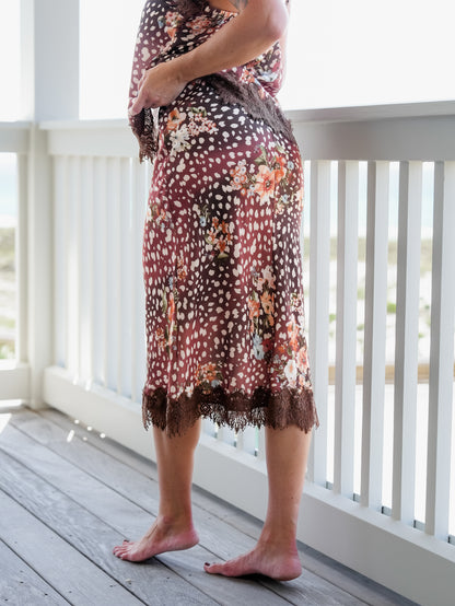 Animal Print Satin Midi Skirt With Lace Scallop Hem