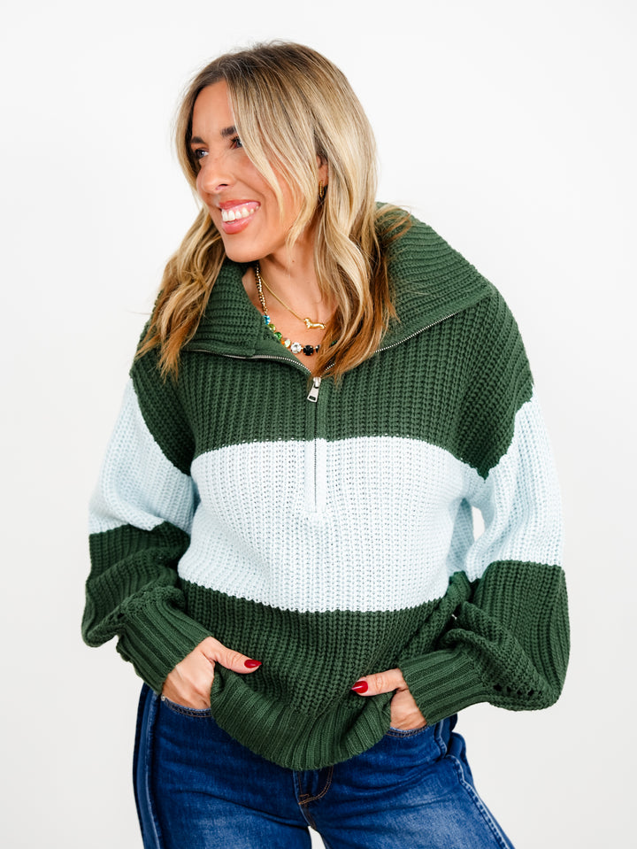 Color Block Long Sleeve Half Zip Up Sweater - Freckled Poppy