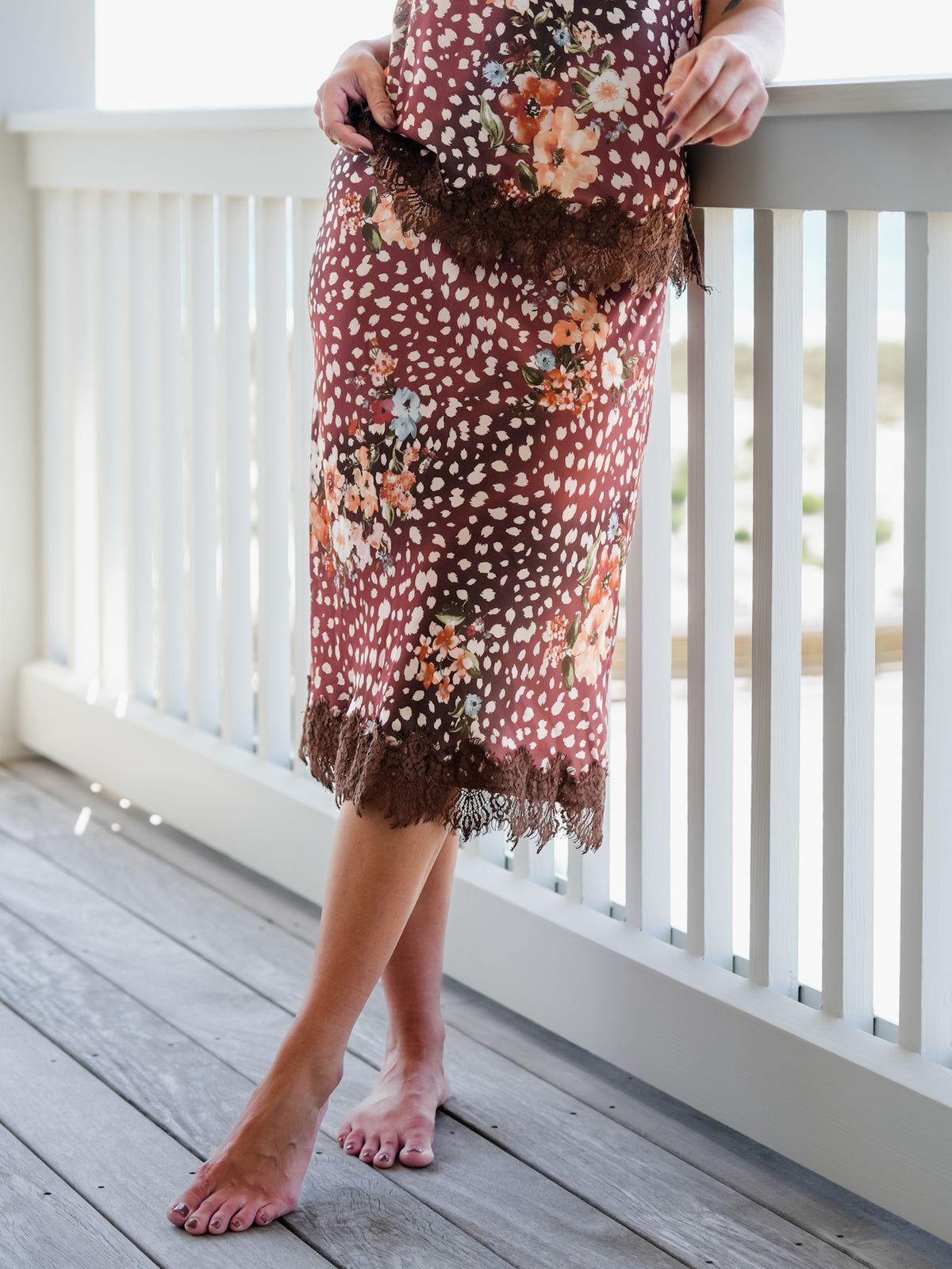 Animal Print Satin Midi Skirt With Lace Scallop Hem