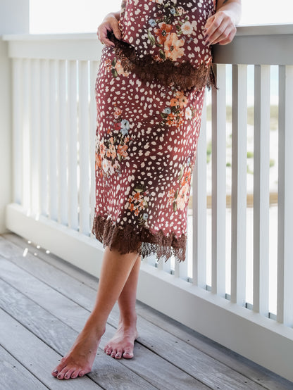 Animal Print Satin Midi Skirt With Lace Scallop Hem